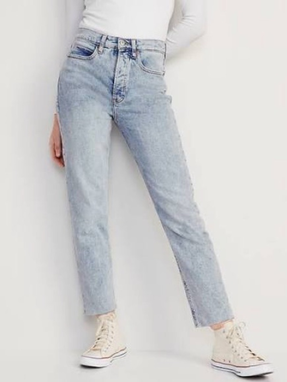 Old Navy Extra High-Waisted Sky-Hi Straight Raw-Hem Jeans.